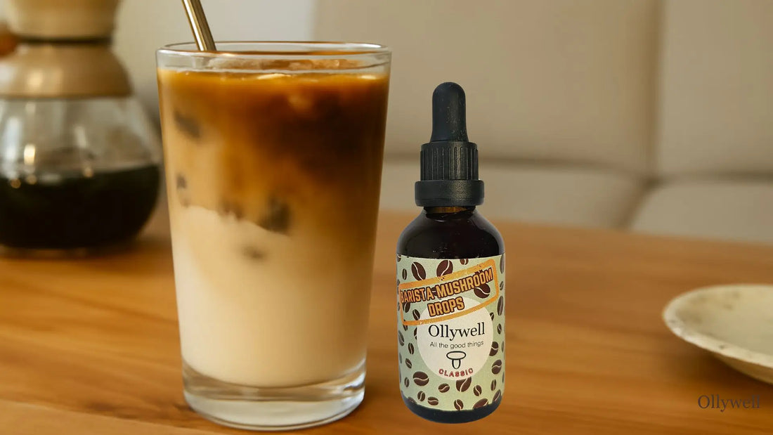 Ice coffee and Barista Mushroom Drops.